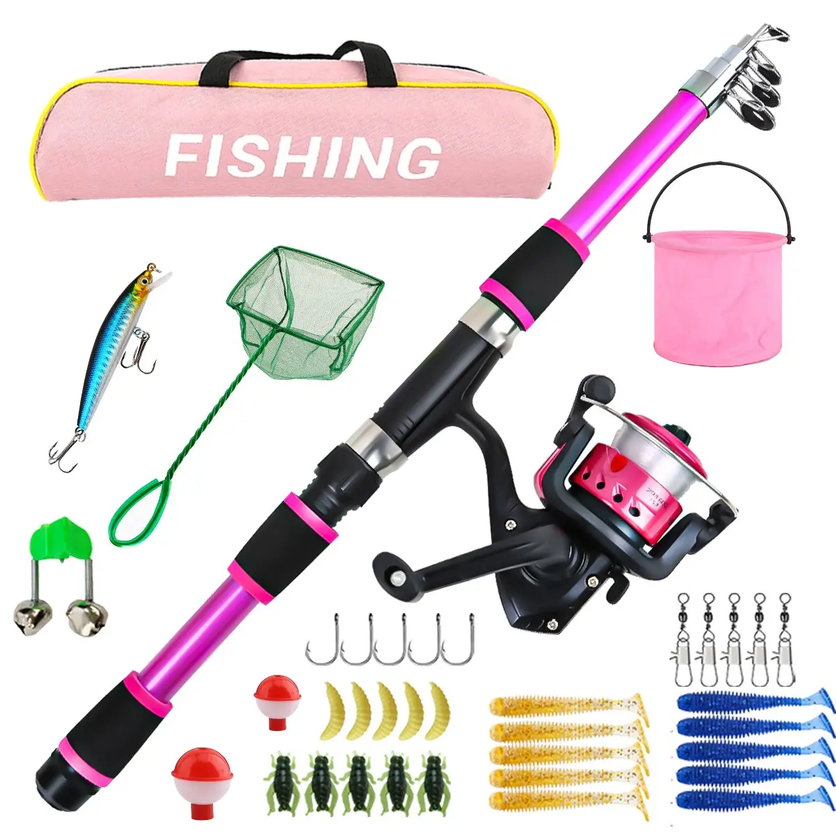 Pink Fishing Rod & Reel Combo Kit – Includes Bucket, Tackle Box & Carry Bag, Cute & Portable Set, Ready-to-Use for Outdoor Fun, Outdoor Fishing Equipment, Fishing Supplies, Fishing Rod And Reel Combo