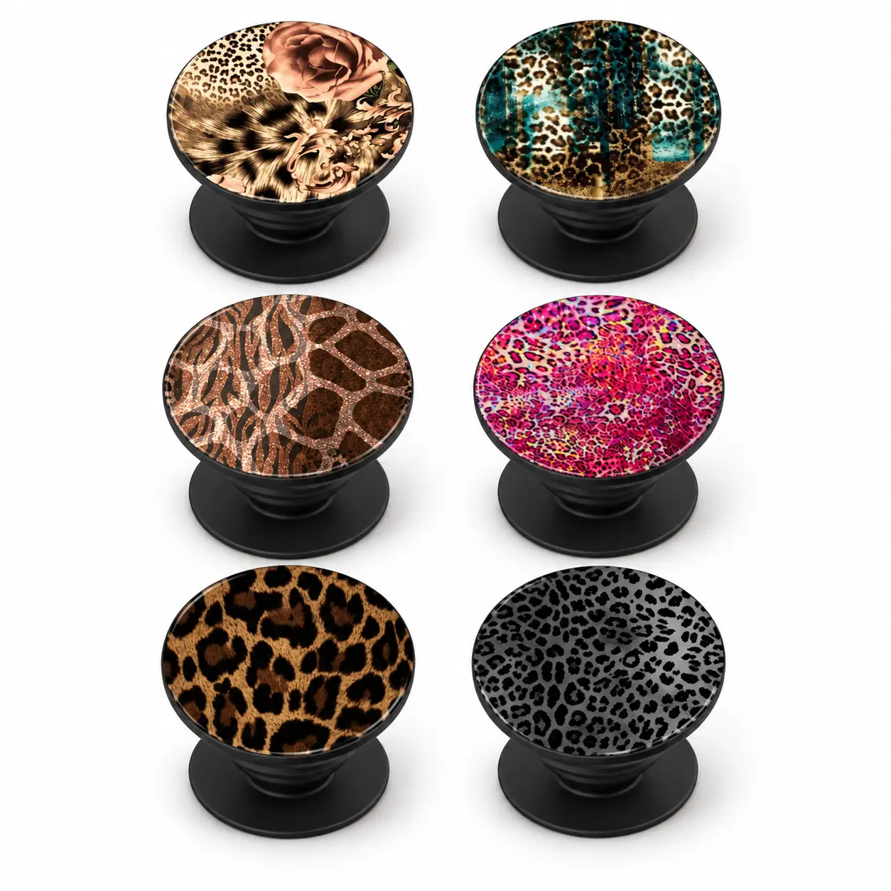 6 Style Animal Print Phone Grip, Leopard Cheetah Pattern Collapsible Phone Stand, Cute Round Phone Holder, Trendy Phone Accessory for Women