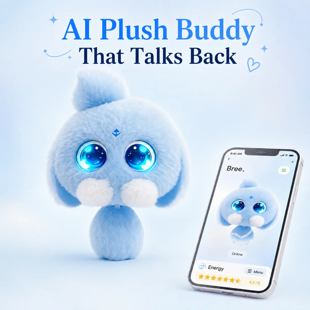OKIVIVI Bree AI Plush Buddy — Interactive Voice Chat Toy with LED Eyes, Touch Response & Memory, Cute Companion Gift for Kids & Adults