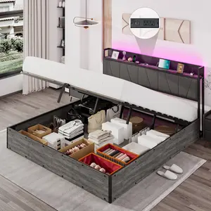 AMERLIFE Lift Up Storage Bed Frame, Modern Platform Bed Frame with Charging Station and RGBW LED Lights, Linen Upholstered Headboard, No Box Spring Needed