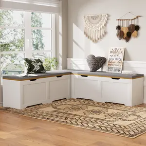 3-Piece L-Shaped Storage Bench with Cushion - Space Saving Corner Seat for Entryway, Mudroom, Living Room, Toy Box & Reading Nook, White+Natural