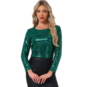 Allegra K Women's Sequin Glitter Round Neck Long Sleeve Evening Party Sparkly Blouse Dark Green Small
