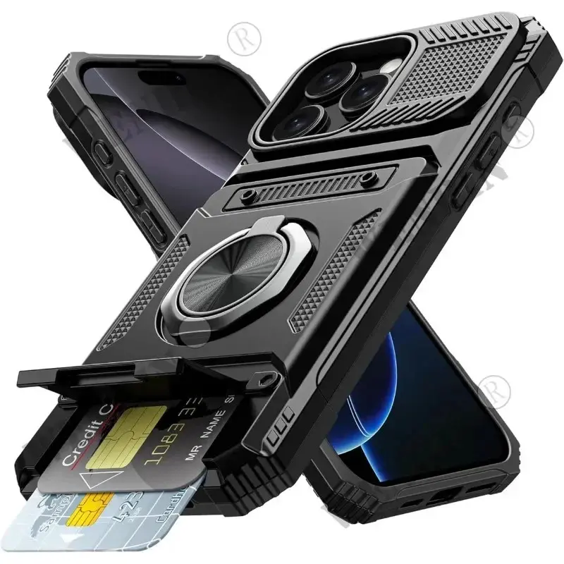 Heavy-Duty Magnetic Rotatable Ring Kickstand Wallet Case with Card Slot, Cash Pocket, Shock-Absorbent Metal Cover for iPhone 17,16 Pro Max,16 Plus,15,14 - Handheld Protection, Magnetic Car Mount Compatible Phone Accessories