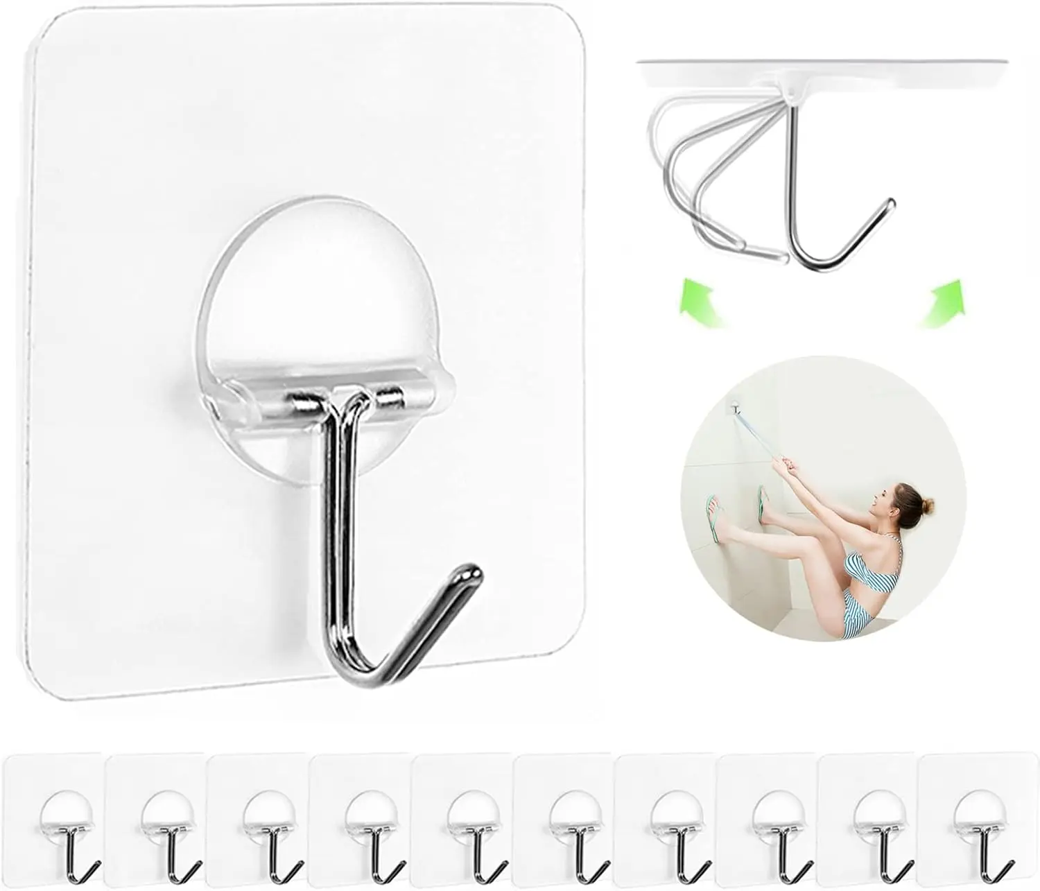 Adhesive Wall Hooks 12 Pack Heavy Duty 13LB — No Drill Transparent Waterproof Hooks for Bathroom Kitchen Towel Coat Keys, Clear Stainless Steel Command Hooks Renter Friendly