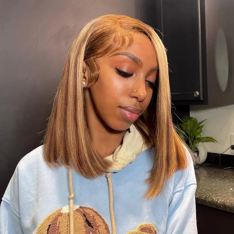 VIPbeauty Highlight Bob Lace Front Wig Human Hair 13x6x1 Lace Front Human Hair Bob Wig  150% Density Ombre Short T-Part Straight Bob Lace Frontal Wigs#SohoChic