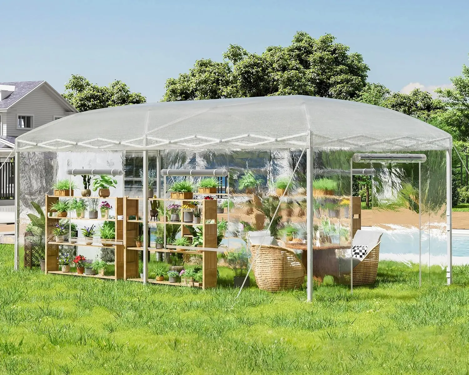 AMERLIFE Pop-up Greenhouses for Outdoors Indoor with Adjustable Reinforced Frame, Portable Walk in Greenhouse with 2 Roll-up Zipper Doors, Windows and PE Cover, White
