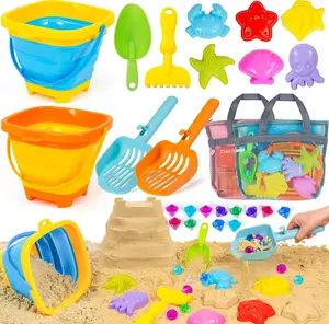 Beach Sand Toy Set Kids 3-10 Ocean Sand Bucket Collapsible Pail Mesh Bag Shovel Rake Sifters Colorful Gems Sandbox Beach Summer Party Favors Toys