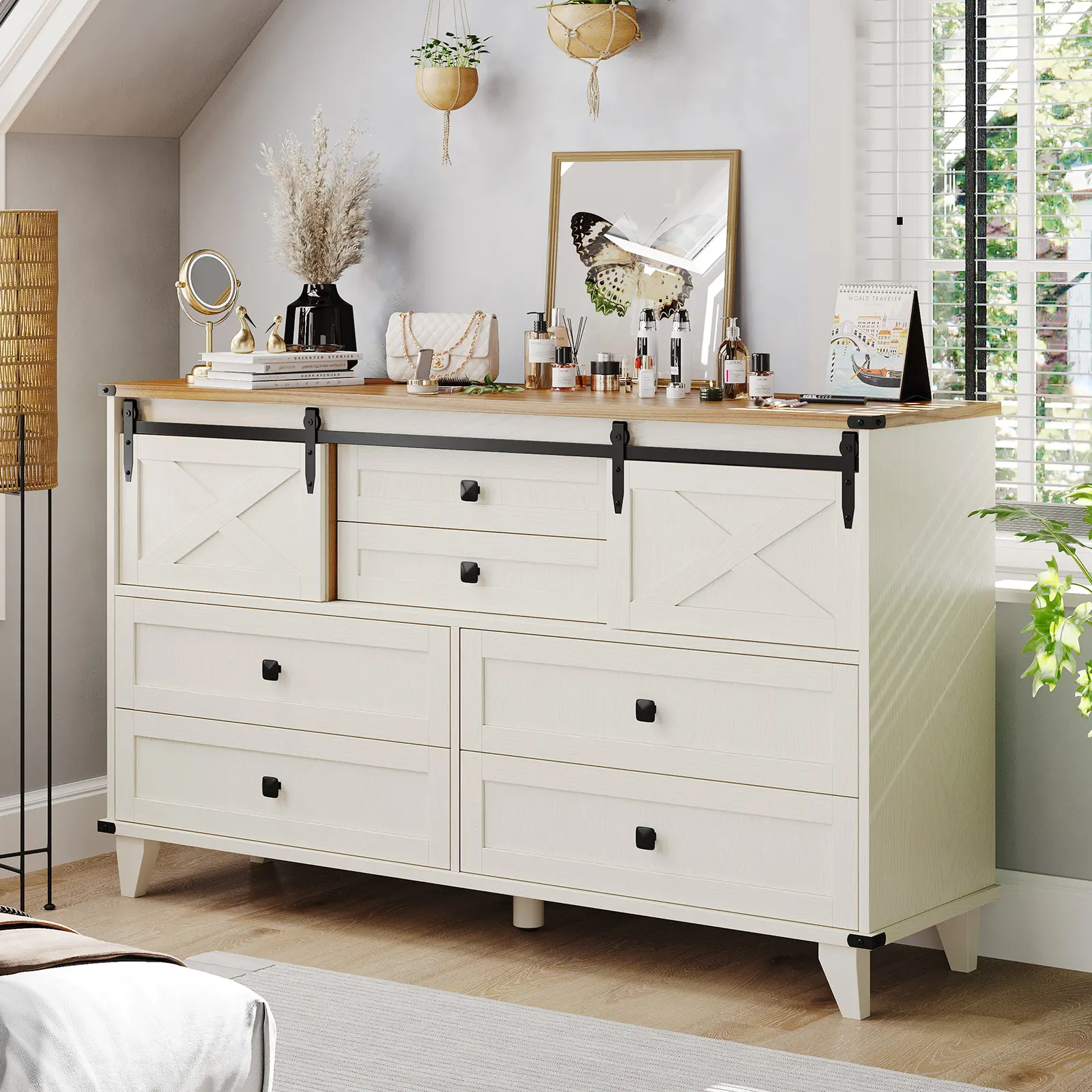 Hasuit 55.1 Inch Farmhouse 6 Drawer Dresser for Bedroom Retro Chest of Drawers with Sliding Barn Door