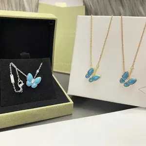 Elegant Blue Enamel Butterfly Pendant Necklace, Minimalist Collarbone Chain for Daily & Office Wear