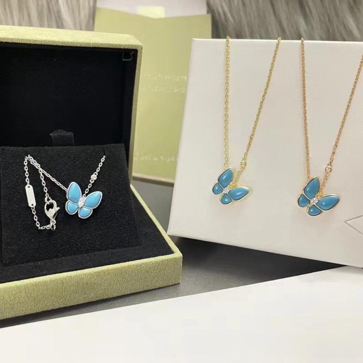 Elegant Blue Enamel Butterfly Pendant Necklace, Minimalist Collarbone Chain for Daily & Office Wear