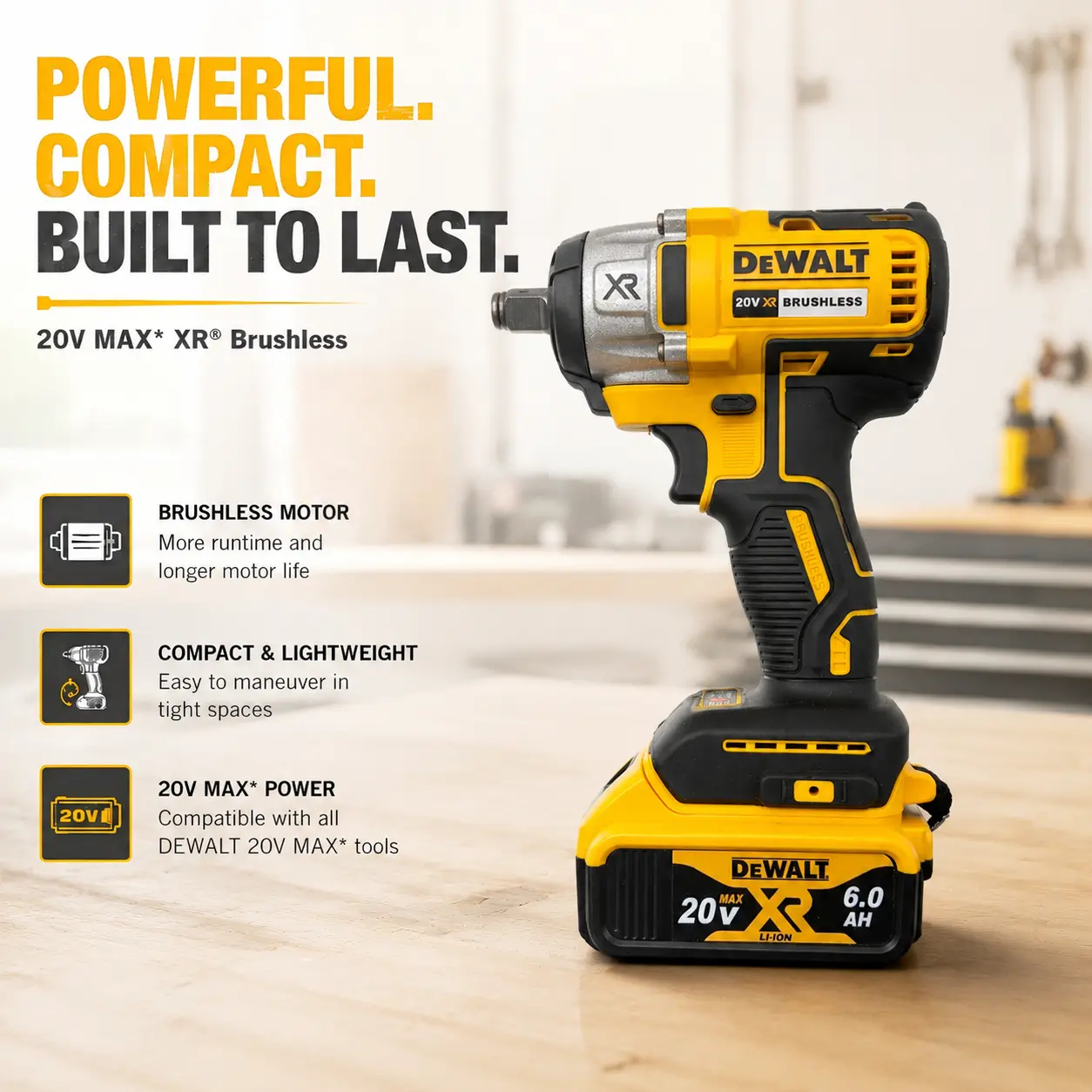 Dewalt DCF880 Cordless Design Brushless Motor Impact Wrench - 3300RPM High Torque Hand Tool with Lithium Ion Batteries for Tire Repair, DIY Projects, With Battery