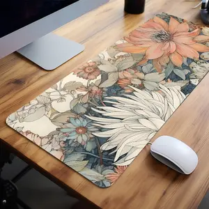Japanese Minimalist Floral Aesthetic Large Gaming Mouse Pad, Non-Slip Rubber Base, Stitched Edge, 35.4x15.7 Inch, Office Desk Accessory