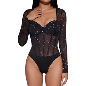 Sunzel Mesh Bodysuits for Women Long Sleeve Sparkle Going Out Leotard Sheer Tops Rave Outfits Body Suit with Snap Crotch
