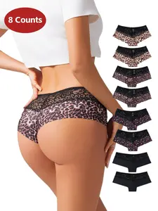 Women's Leopard Print Underwear Set, Sweet Cherry Fashion Low Waist Briefs, Lace Trim Panty, Ice Silk Seamless Casual Daily Wear Shorts