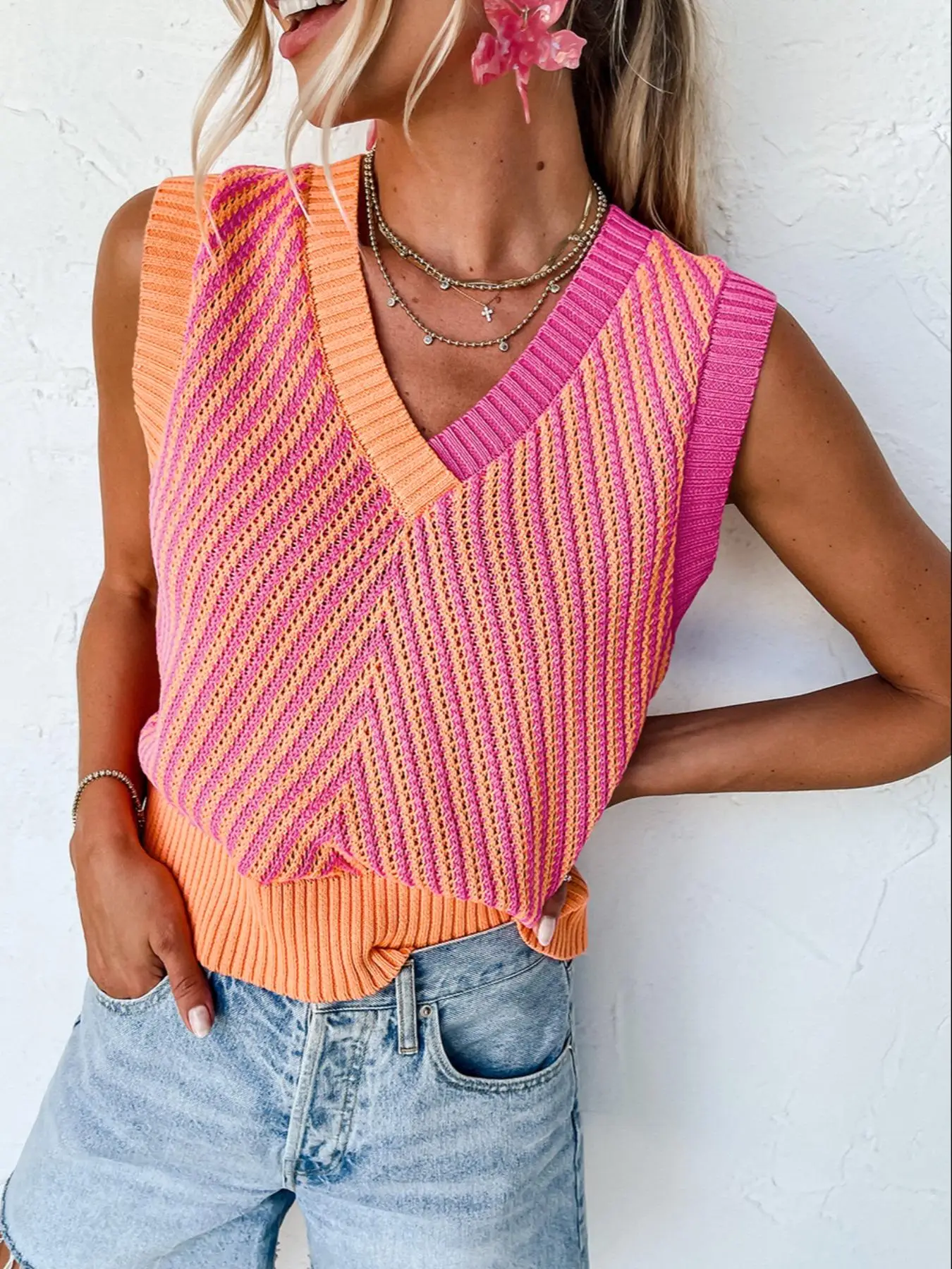 Women's Colorblock V Neck Sweater Vest, Casual Sleeveless Knit Top for Summer, Fashion Women's Knitwear for Daily Wear