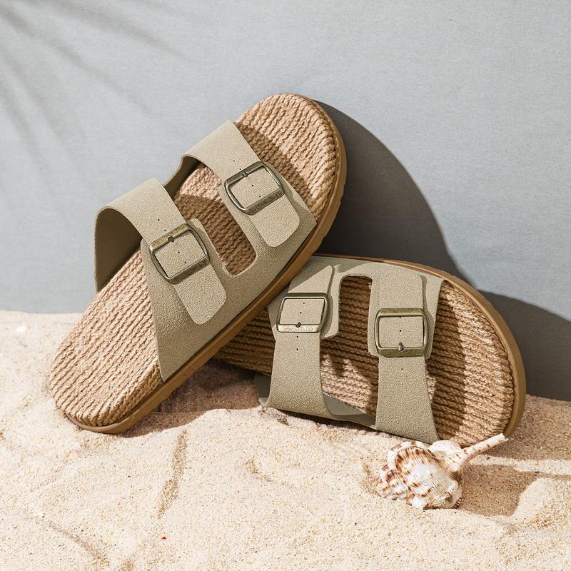 Men's Retro Solid Color Open Toe Breathable Slippers, Comfortable and Non-Slip Durable Double Buckle Strap Sandals, Men's Footwear