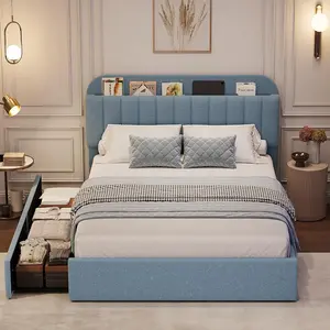 Full Bed Frame with Storage Headboard-2 Drawers & Boucle Upholstered Platform,Bookcase Design,No Box Spring,Blue