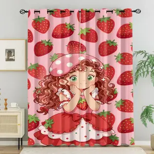 Strawberry Cartoon Girl Grommet Blackout Curtains, Coquette Girly Y2K Retro Style Light Blocking Curtains, 85% (2 pieces), for Kids Teen Girls Bedroom Decor, Gift for Strawberry Lovers & Coquette Girly Fans