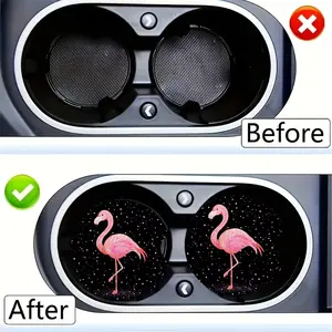 Two-Piece Glitter Flamingo Pattern Car Cup Holder Coasters, 2.75-Inch Round, Synthetic Faux Material, Waterproof to Keep Car Cup Holders Clean and Dry, Car Interior Decor,  Car Interior Decor Item, Shiny Auto Accessory, Patterned Cup Holders, Easy