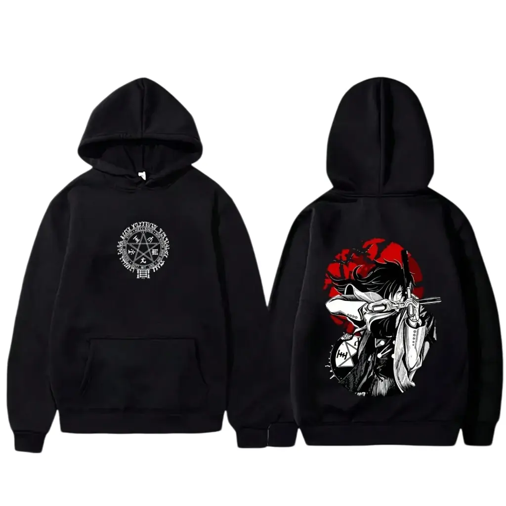 Hellsing Anime Graphic Hoodie - Heavyweight Vampire Alucard Sweatshirt for Men & Women, Dark Fantasy Manga Streetwear Top, Yumie Takagi Merch, Goth Pullover