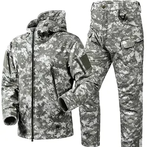Winter Thicken Men Camo Suit Waterproof Tactical Training Set Multi-pocket Hooded Jacket Fleece Pants Outdoor Hunting 2-piece