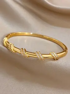 1pc Gold Plated Geometric Twisted Bangle Bracelet with Sparkling Pave Cubic Zirconia Accents, Dainty Elegant Jewelry for Daily Wear, Party & Gift