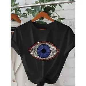 Mysterious Eye Totem Print Women's Round Neck Fitted T-Shirt, Unique Graphic Design, Comfortable Skin-Friendly, Casual Everyday Daily Wear Womenswear