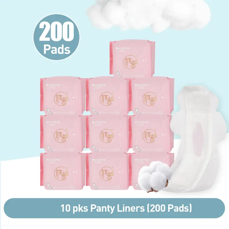 10 Packs / 200 Count, Zhuyin Life 155mm Daily Mini Menstrual Pads Without Wings, Organic Cotton Unscented, Super Absorbent for Everyday Light Flow