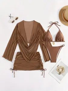 Elegant Bikini Set Four-Piece Mesh Cover-Up, European & American Fashion, Sexy Swimsuit Accessories, Ideal Beachwear, Bikini Swimsuits, Swimsuit Style Bikini