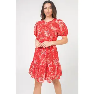 Paisley Swirl Print Pleat Illusion Dress - Red