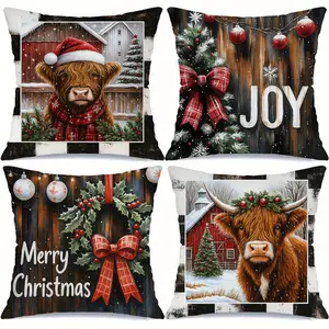 4pcs, Christmas Throw Pillow Covers, Brown Highland Cow, Red Christmas Hat, Bow Decorated Ball, Christmas Tree Designs, Farmhouse Winter Holiday Decorative Cushion Case, Holiday Home Decor, Cushion Slipcovers, Single Sided Printing, No Pillow Core
