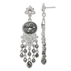 Silver-Tone & Black-Plated Filigree Dangle Earrings with Hematite Beads, 64mm