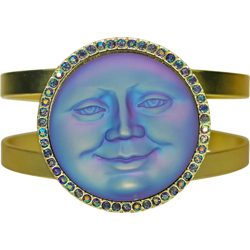 Glass Seaview Moon 35mm Cuff Bracelet (Matte Goldtone/Tanzanite Aurora Borealis