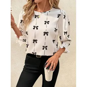 Black and white bow print round-neck slim-fit women's shirt, spring and summer teacher shirt, suitable for female teachers to wear during summer rural vacations