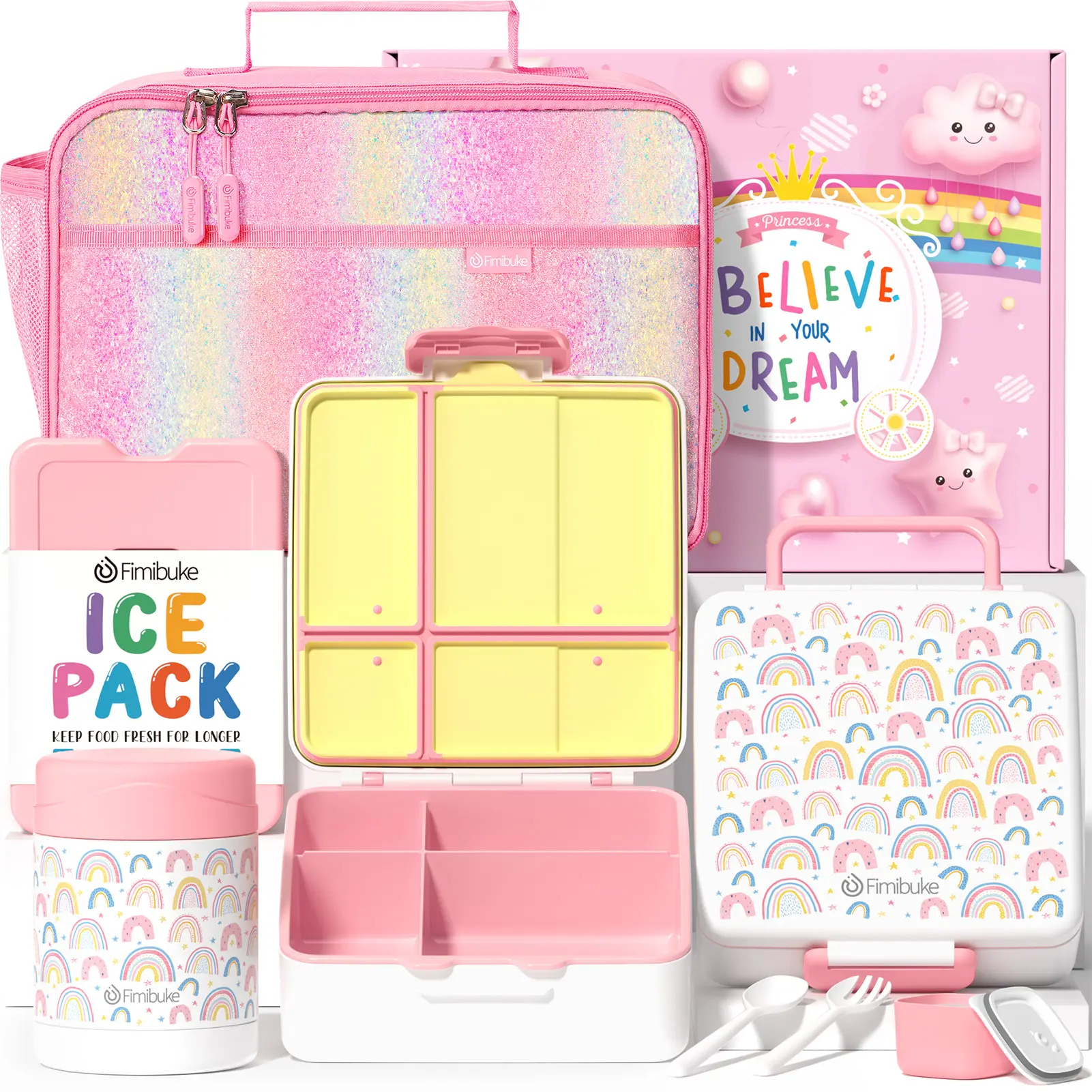 Fimibuke Bento Lunch Box with 4 Compartments, Insulated lunch Bag, Stainless Steel Insulated Thermos, Ice Pack & Utensils, Birthday Gifts Back to School Girls Boys dealsforyoudays
