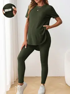 Maternity Casual Short Sleeve Top and Elastic Waist Loose Pants Set