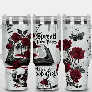 White Romantasy Books Stainless Steel 20-40oz Tumbler Lid & Straw, Gothic Double Wall Insulated 40oz Tumbler, Gift for your Health