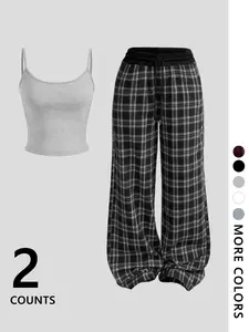 Two-Piece Set Women's Plain Fitted Knit Crop Tank Top & All Over Plaid Print Pants, Casual Fashion Cozy for Daily Outdoor Wear, Ladies Clothes for All Seasons, Womenswear Suits