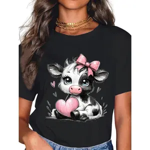 100% Cotton Awesome Black & White Cow Holding Heart Pink Coquette Bow T-Shirt Breathable Fabric