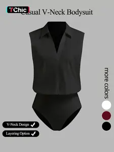 Women's Casual Loose V-Neck Collared Sleeveless Shirt Jumpsuit, Elegant Woven Fabric, Slim Fit, Perfect for Daily Wear