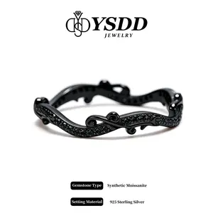 【#404 Eve】Vintage Wavy Black Stacking Band Synthetic Moissanite Rings in 925 Sterling Silver