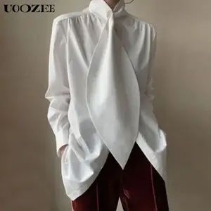 UOOZEE Women's White Loose Designer Tops - Comfortable Non-Stretch Fabric, Fitted Long Sleeve Blouse, Minimalist Style, Casual Wear for All Seasons