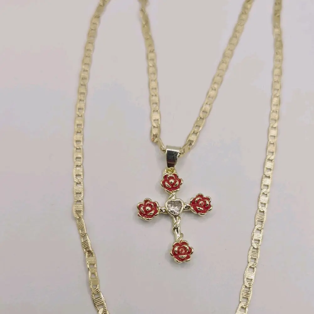 Red Cross with Rose's Chain Gold-Plated Necklace - Elegant Design Featuring Red Floral Accents