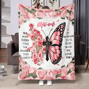 1pc Mother's Day Gift Blanket For Mom, Soft Flannel Blanket, Throw Blanket, Mom Blanket, Creative Cross Butterfly Flower Arrangement Blanket, Birthday Gift For Mom, Super Soft Sofa Blanket, Bed Blanket, Lightweight Travel Blanket For Women