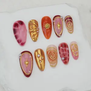 Handmade Star Almond Press On Nails: Custom Party Nails/3D Gold Chrome nail/Fall Nails/gift for her/Cat eye color nail/gift for her