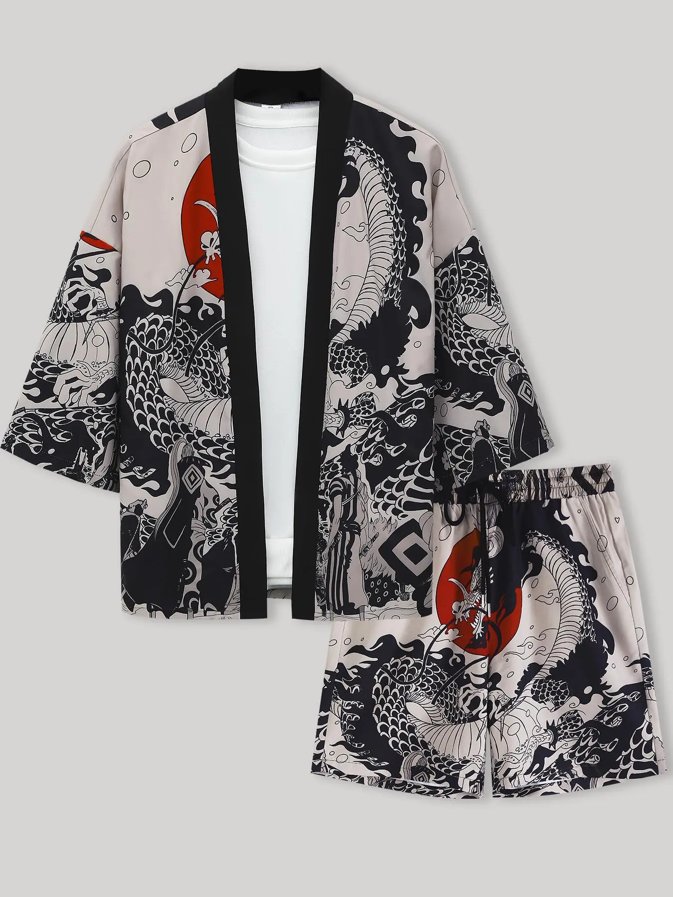 Men's Dragon Print Kimono & Drawstring Waist Shorts Two-Piece Set, Casual Yukata Top & Shorts, Men's Two-Piece Set for Summer Beach Vacation Clothes, Matching Outfits Set, Casual Clothing Set
