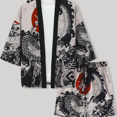 Men's Dragon Print Kimono & Drawstring Waist Shorts Two-Piece Set, Casual Yukata Top & Shorts, Men's Two-Piece Set for Summer Beach Vacation Clothes, Matching Outfits Set, Casual Clothing Set