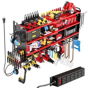 HAUSNEED New Tool Organizer Wall Mount with 8 Drill Holders With Power Adapter 4 Layers Large Capacity Rack for Garage Heavy Duty Sturdy Construction Easy Assembly Home Organization