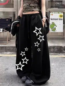 Star Geometric Print Wide Leg Sweatpants - Y2K Streetwear Black Trousers