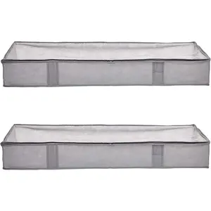 Under Bed Fabric Zipper Blanket Storage Container Bags with Window and Handles, 2-Pack, 18 x 42 x 6 inches, Gray